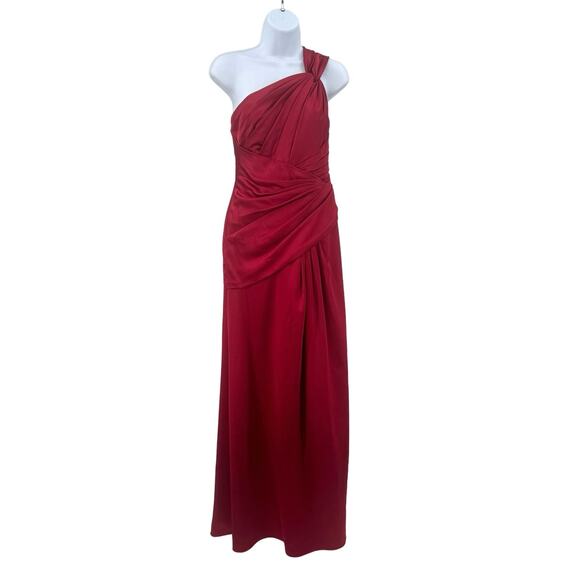 David's Bridal Red Satin One-Shoulder Ruched Formal Dress Womens Size 4 Pleated - Picture 2 of 10